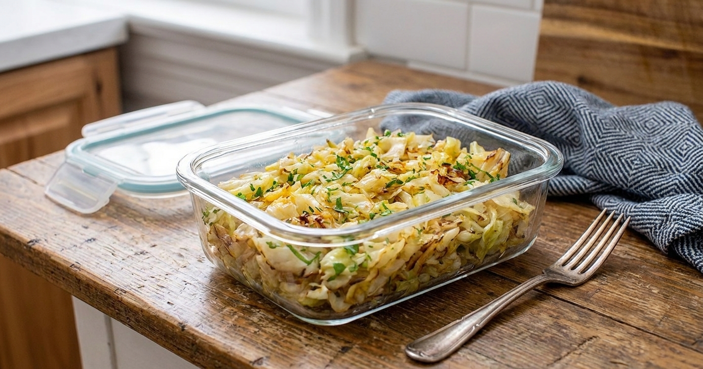 A glass meal prep container filled with leftover sautéed cabbage on a kitchen counter beside a lid and fork