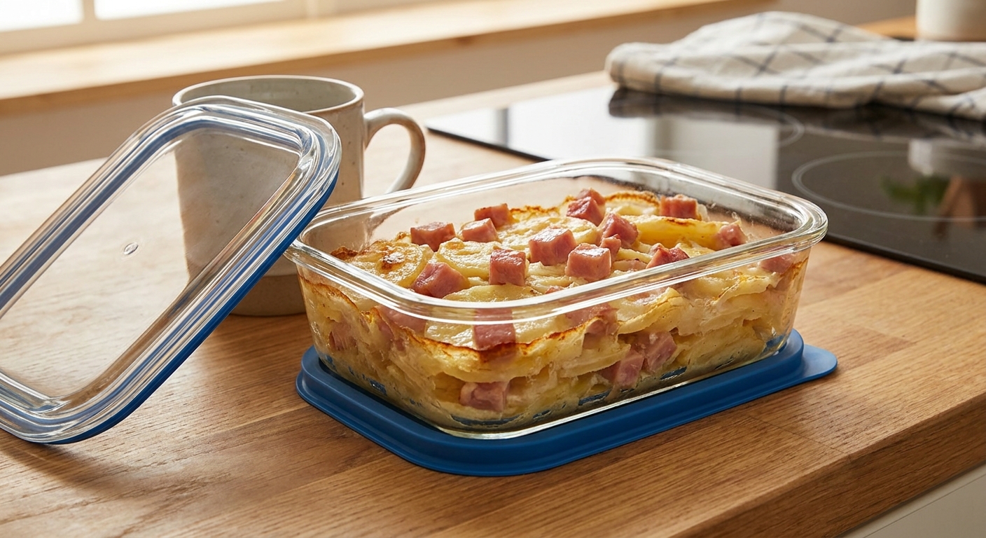 A glass meal prep container filled with leftover scalloped potatoes and ham on a kitchen counter with a lid set beside it