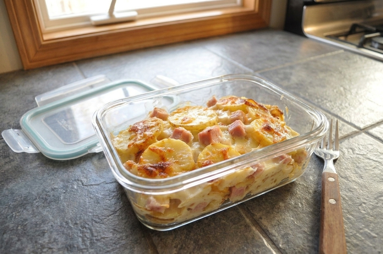 A glass meal prep container filled with leftover scalloped potatoes and ham, lid off, sitting on a clean kitchen counter with a fork nearby