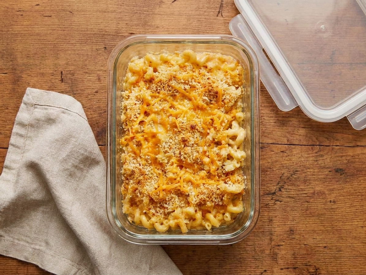 A glass meal prep container filled with leftover smoked mac and cheese, lid set beside it on a kitchen counter