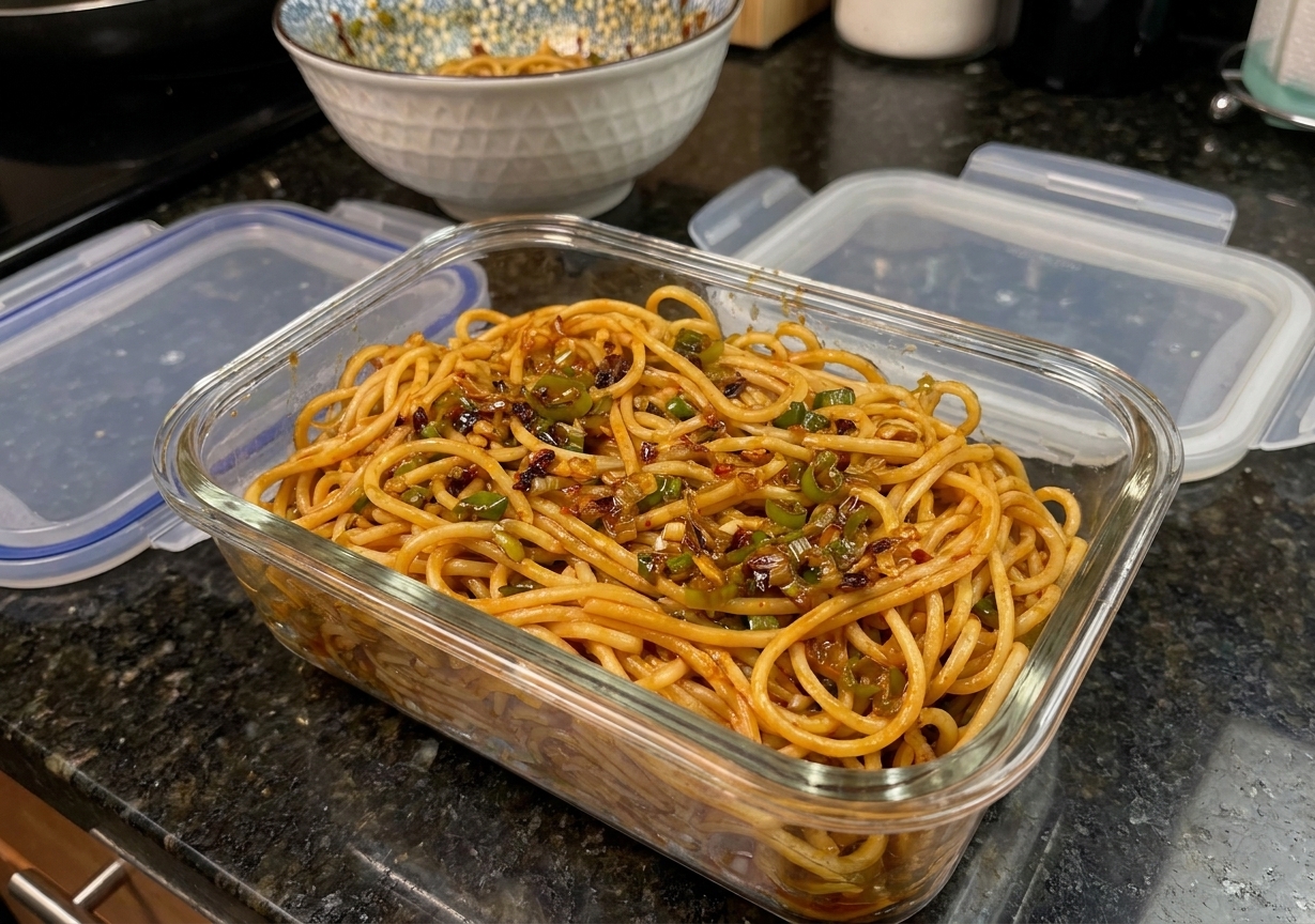 A glass meal prep container filled with leftover spicy udon noodles and vegetables sitting on a kitchen counter with a lid nearby