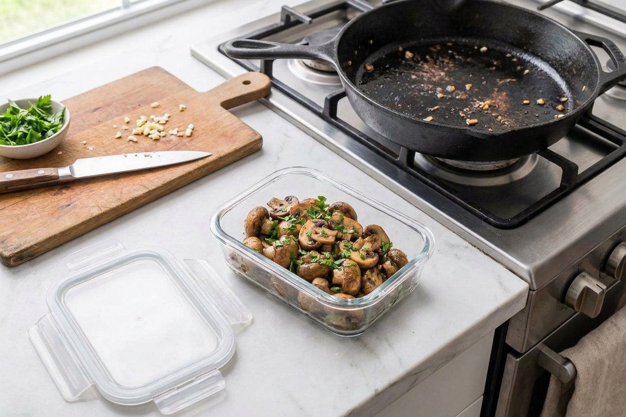 A glass meal prep container filled with leftover sauteed mushrooms cooling on a kitchen counter with a lid set beside it