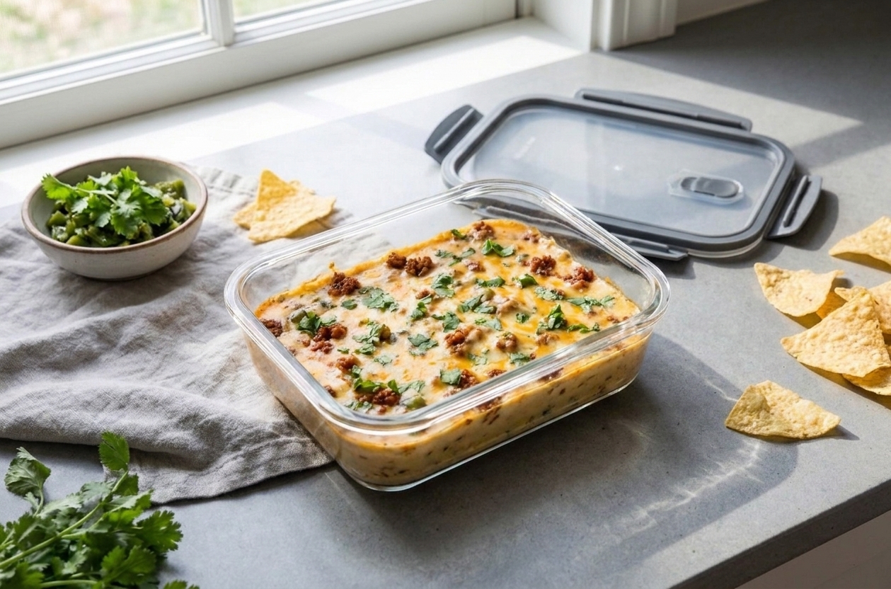 A glass meal prep container filled with leftover smoked queso with a lid beside it on a kitchen counter, ready to go into the refrigerator