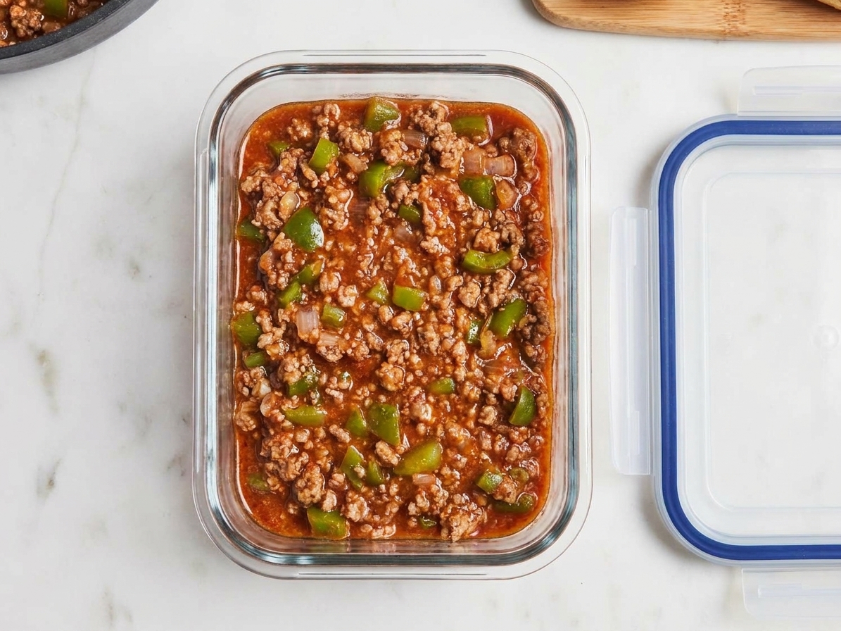 A glass meal prep container filled with leftover sloppy joe meat sauce with the lid set beside it on a kitchen counter
