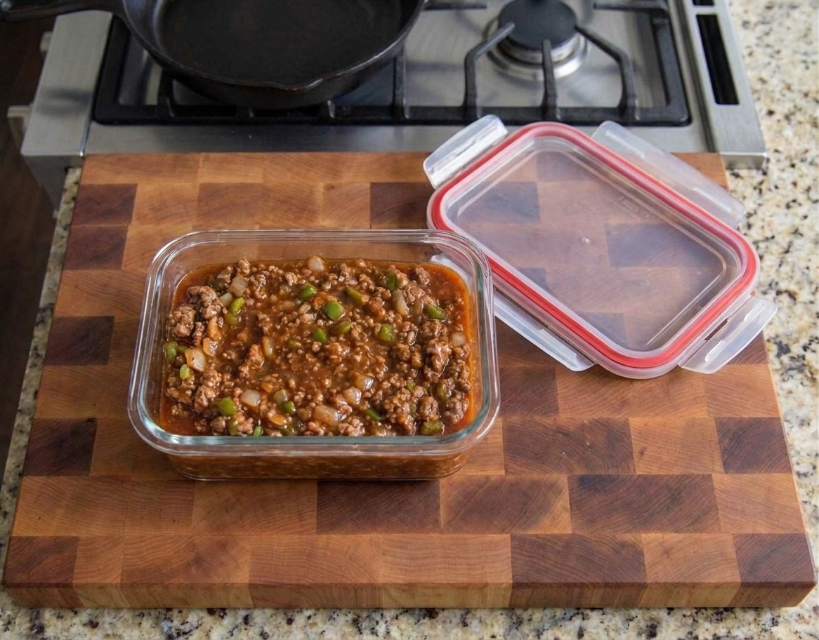 A glass meal prep container filled with leftover sloppy joe mixture, cooled and ready for the refrigerator, sitting on a kitchen counter beside a lid