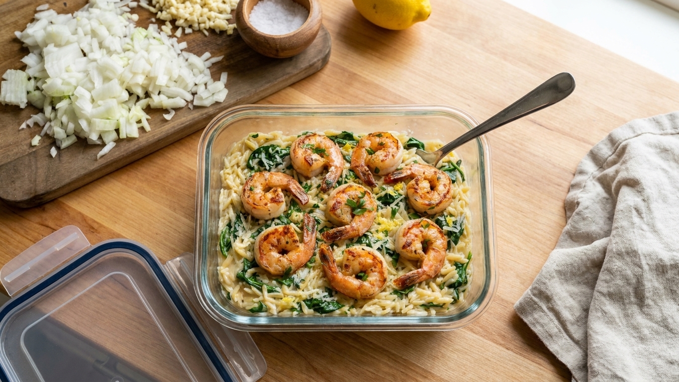 A glass meal prep container filled with leftover shrimp orzo, lid set beside it on a kitchen counter with a spoon nearby