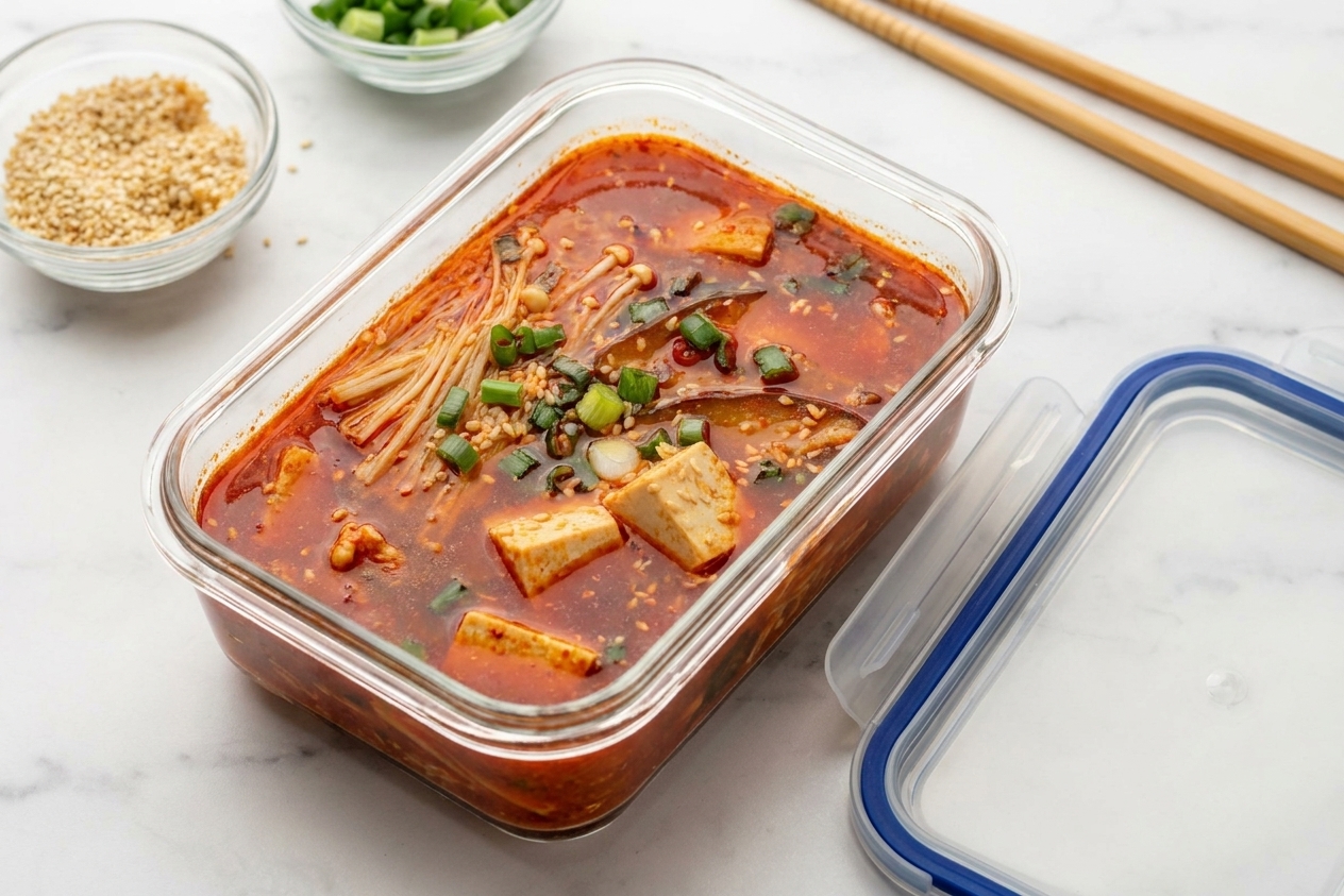 A glass meal prep container filled with leftover soondubu jjigae, cooled, with a lid set beside it on a clean kitchen counter