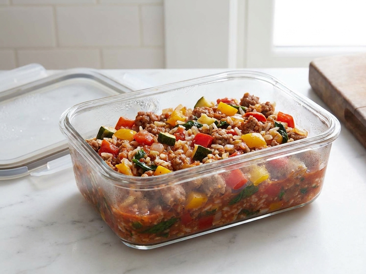 A glass meal prep container filled with leftover stuffed pepper filling sitting on a kitchen counter with a lid nearby