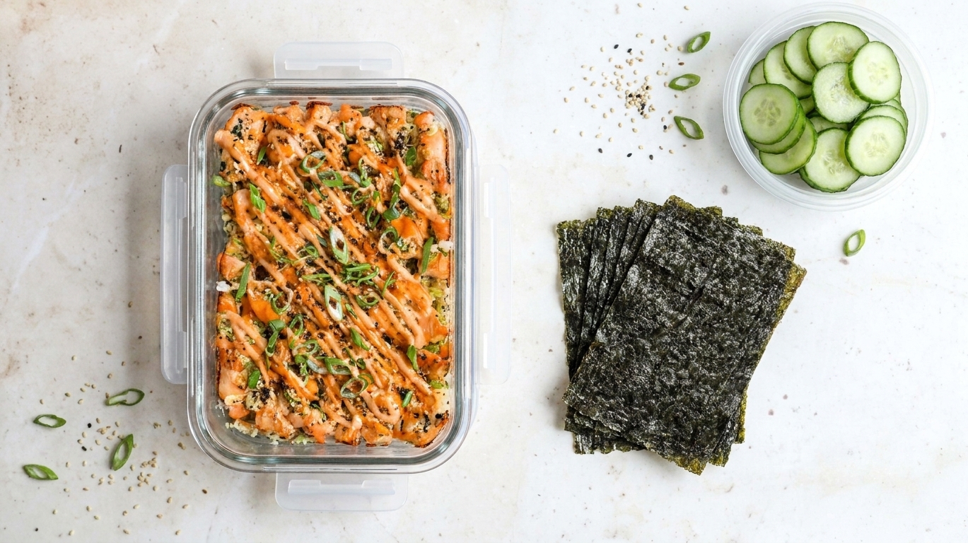 A glass meal prep container filled with leftover salmon sushi bake on a kitchen counter, with nori sheets and sliced cucumbers stored separately nearby