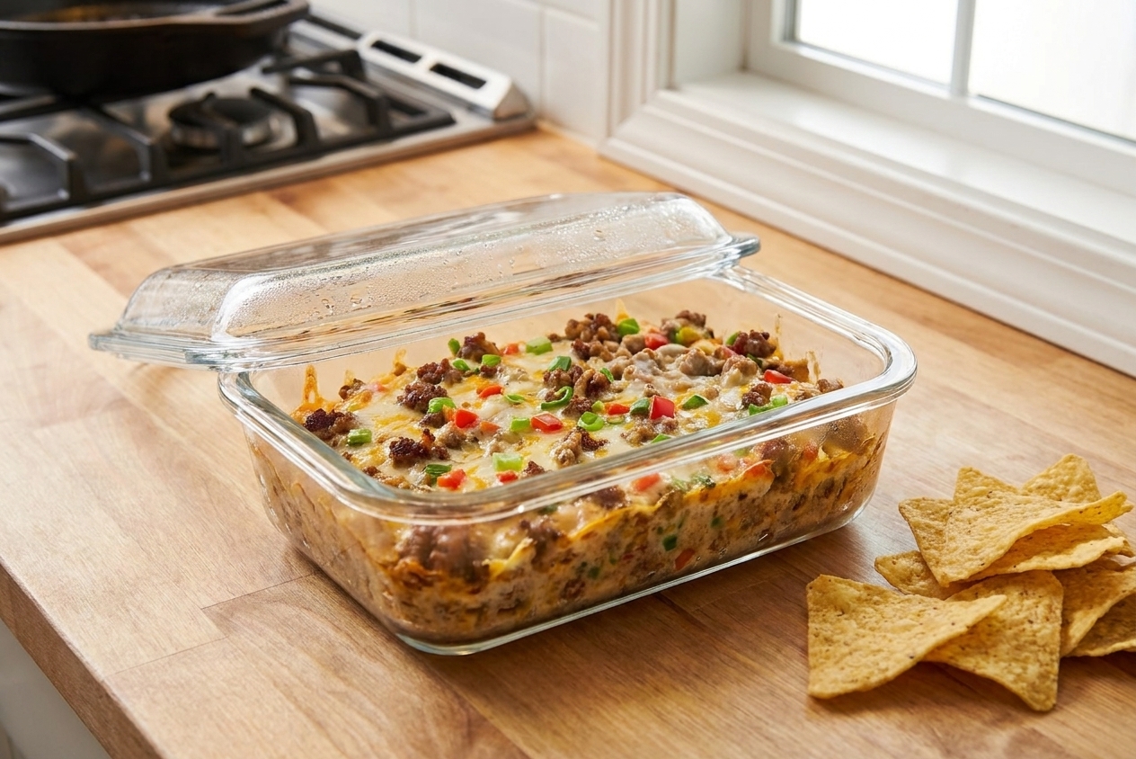 A glass meal prep container filled with leftover sausage dip, covered with a lid, sitting on a kitchen counter next to tortilla chips