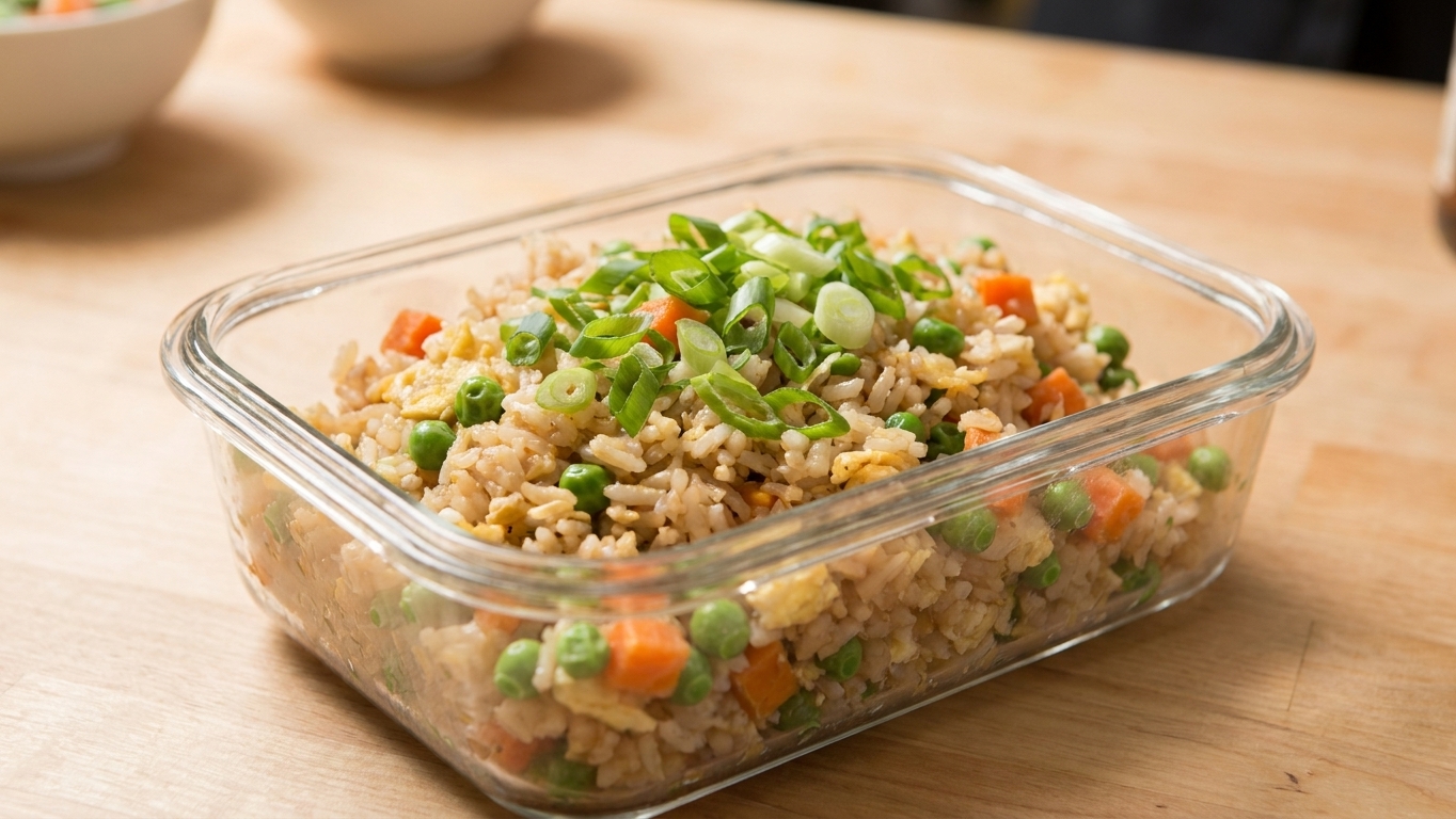 A glass meal prep container filled with leftover stir-fried rice topped with sliced scallions on a kitchen counter