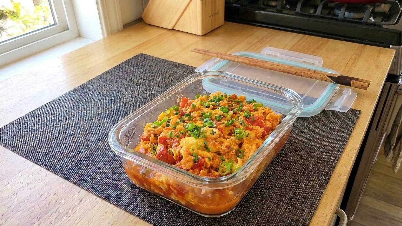 A glass meal prep container filled with leftover stir-fried tomato and egg, lid set beside it on a kitchen counter