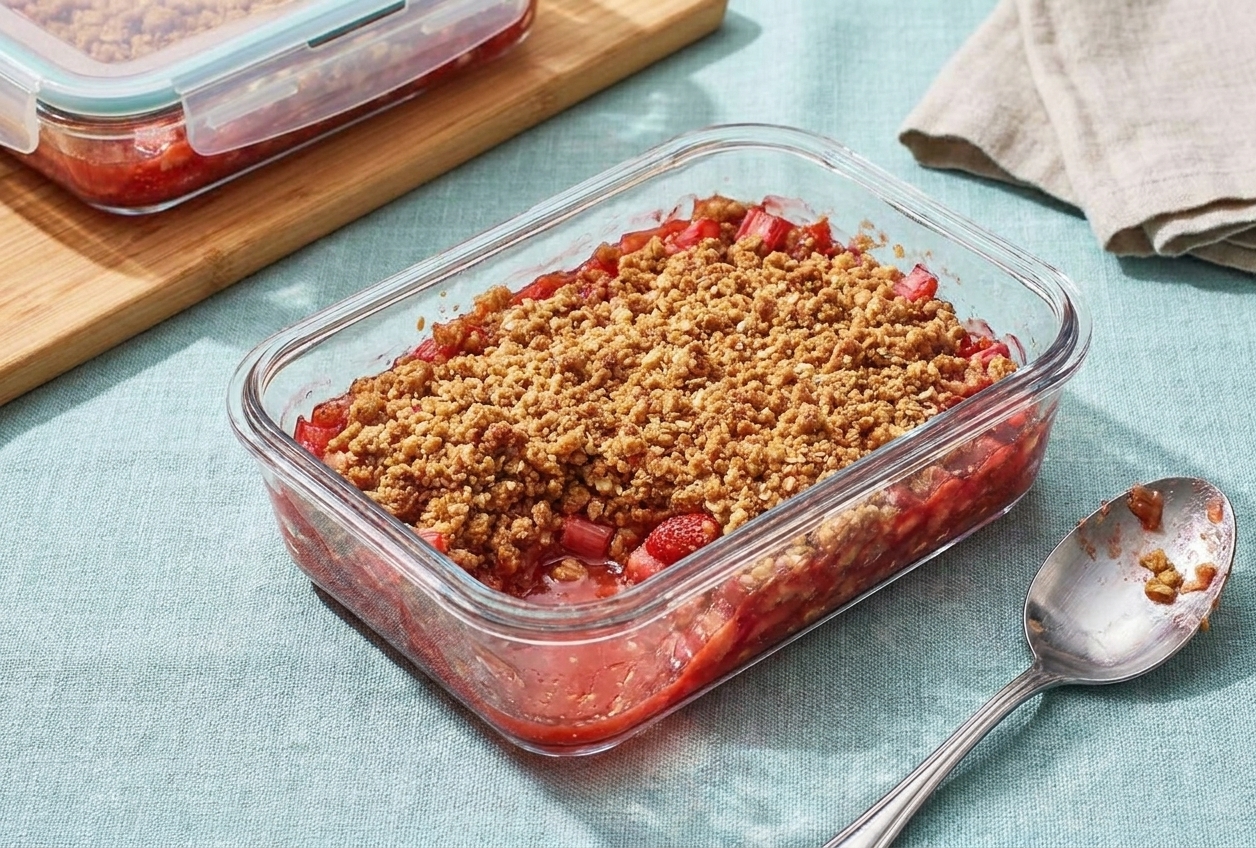 A glass meal prep container filled with leftover strawberry rhubarb crisp with a spoon resting beside it on a kitchen counter