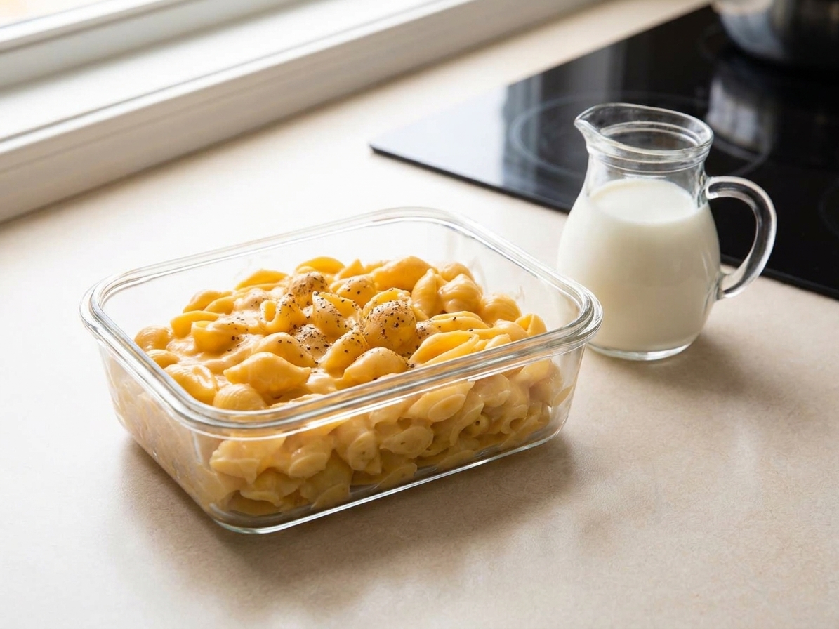 A glass meal prep container filled with leftover shells and cheese, a small pitcher of milk beside it on a kitchen counter