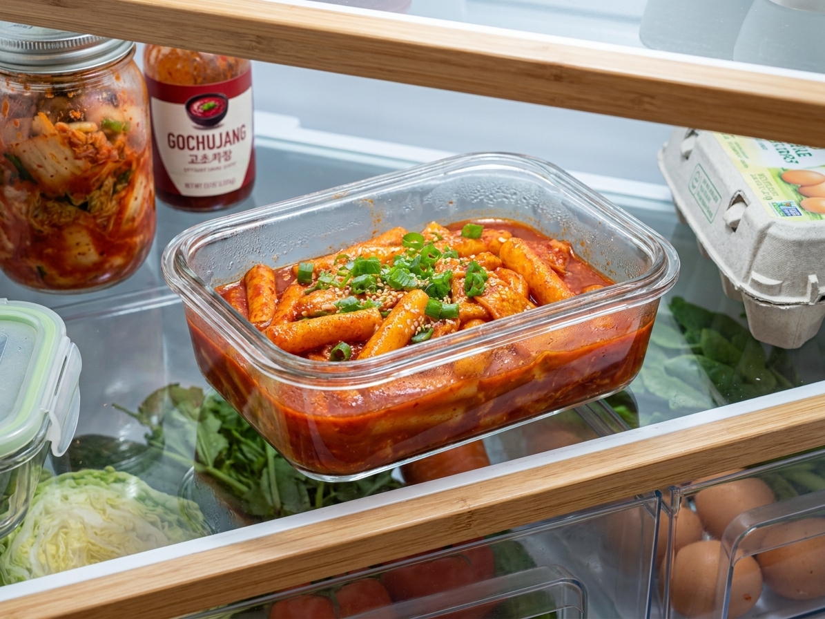 A glass meal prep container filled with leftover tteokbokki and scallions sitting on a refrigerator shelf, home kitchen scene
