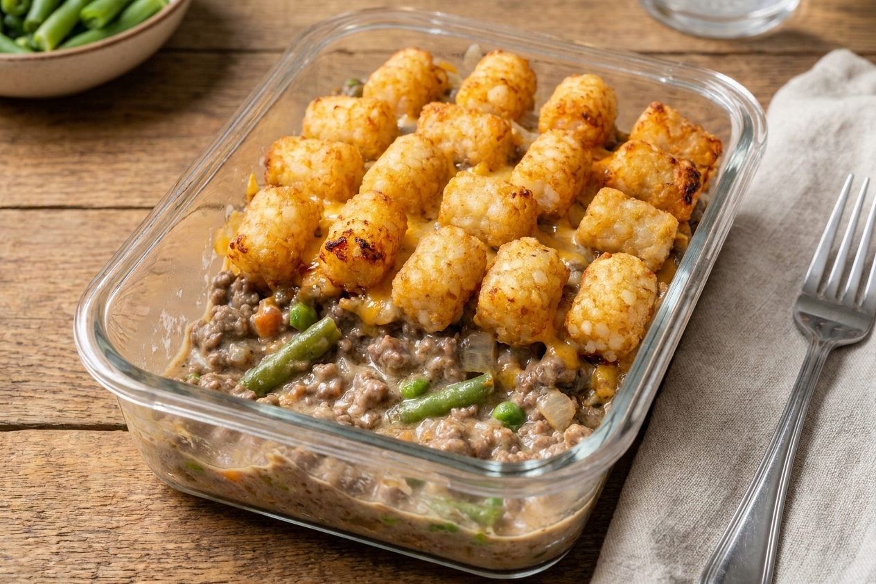 A glass meal prep container filled with leftover tater tot hotdish showing layers of creamy beef filling and crispy tater tots