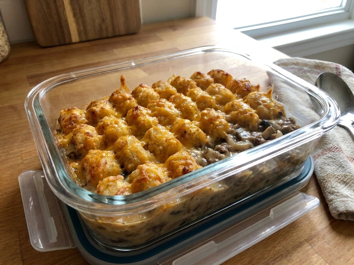 A glass meal prep container filled with leftover tater tot casserole, showing crispy tots on top and creamy beef filling underneath, on a clean kitchen counter
