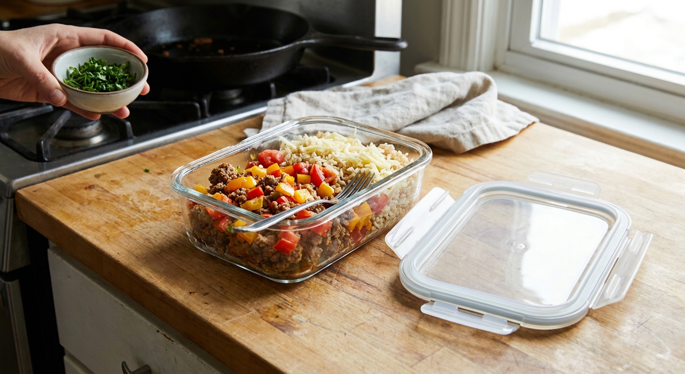 A glass meal prep container filled with leftover unstuffed peppers and rice, lid set nearby on a kitchen counter