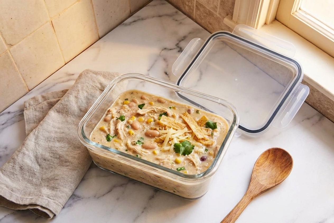 A glass meal prep container filled with leftover white chicken chili on a kitchen counter with a lid nearby
