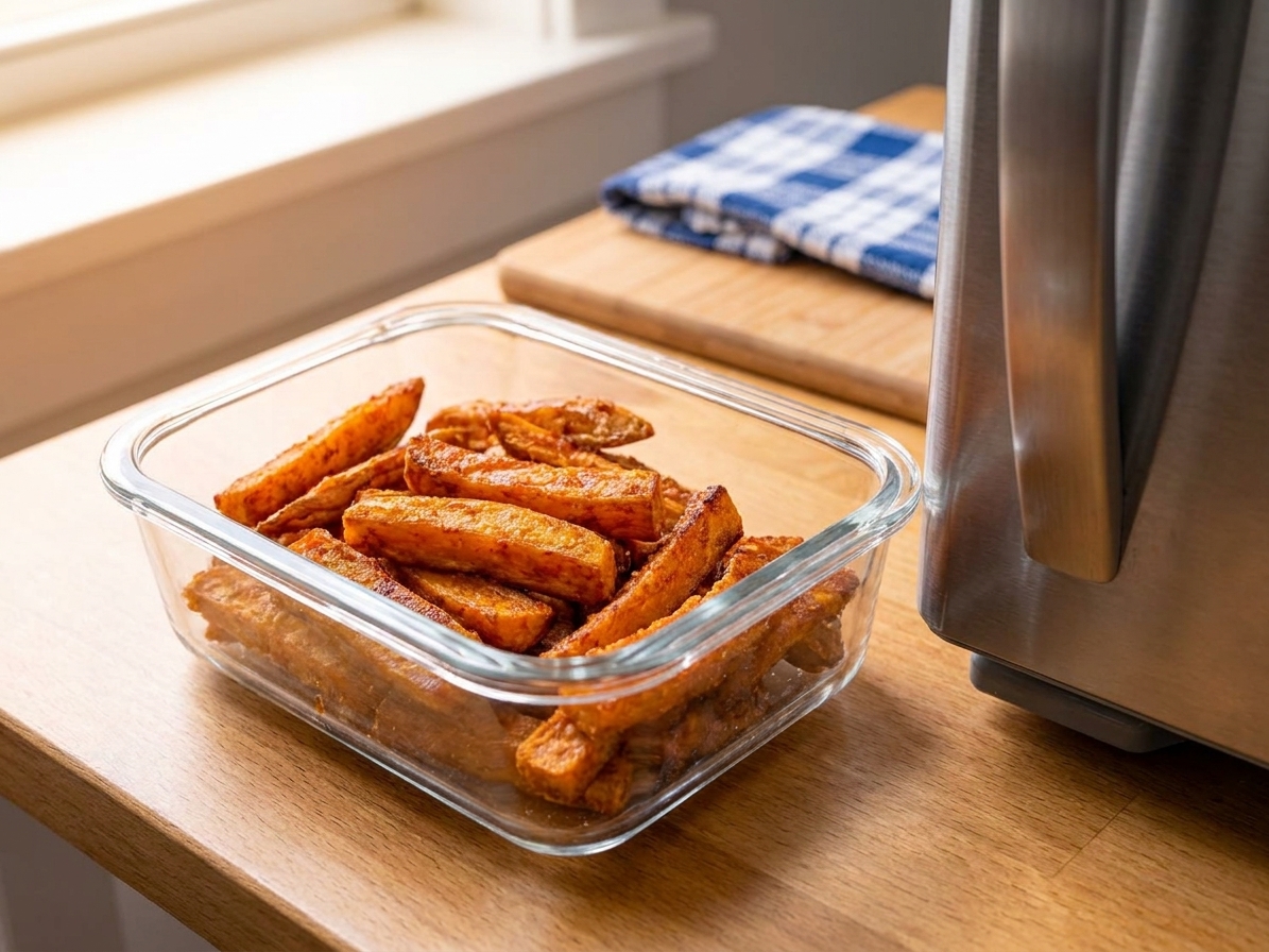 A glass meal prep container filled with leftover yam fries on a kitchen counter next to a refrigerator door, natural home lighting
