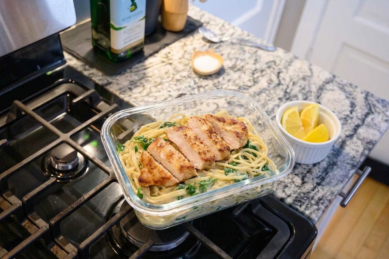 A glass meal prep container filled with lemon chicken gluten free pasta placed on a kitchen counter next to a small ramekin of lemon wedges