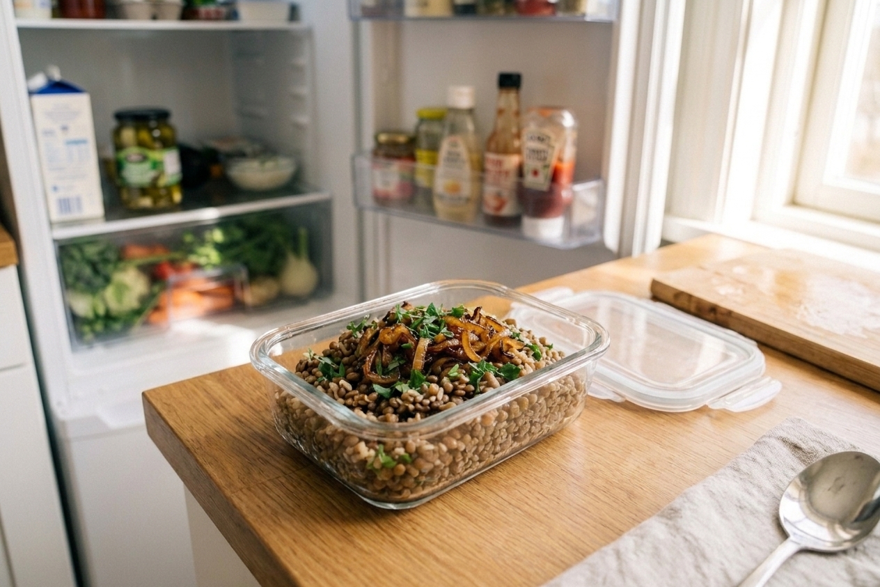 A glass meal prep container filled with mujadara and caramelized onions, lid beside it on a kitchen counter near an open refrigerator