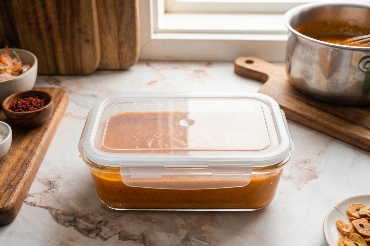 A glass meal prep container filled with orange palabok sauce, covered with a lid on a kitchen counter