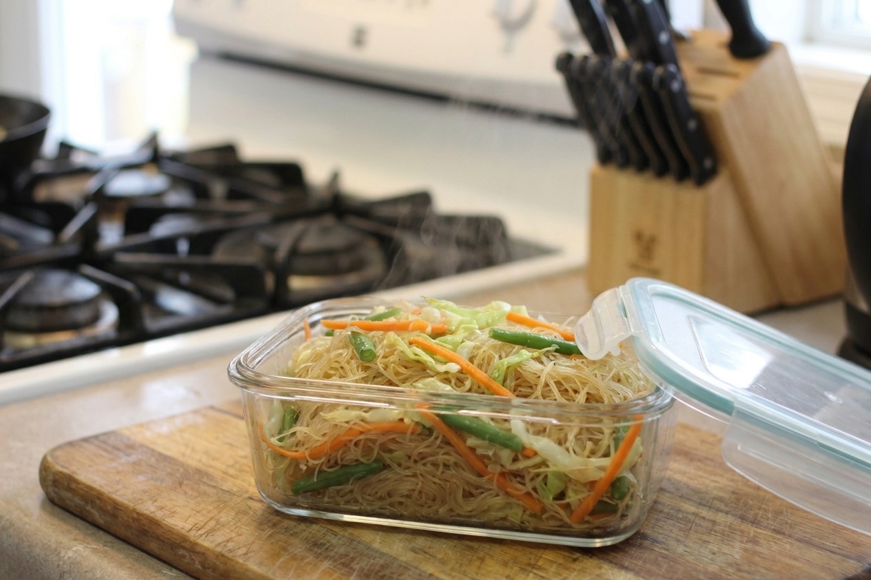 A glass meal prep container filled with pancit bihon noodles and vegetables on a kitchen counter with a lid set beside it