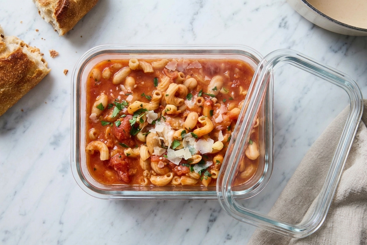 A glass meal prep container filled with pasta e fagioli soup cooling on a kitchen counter with a lid set nearby