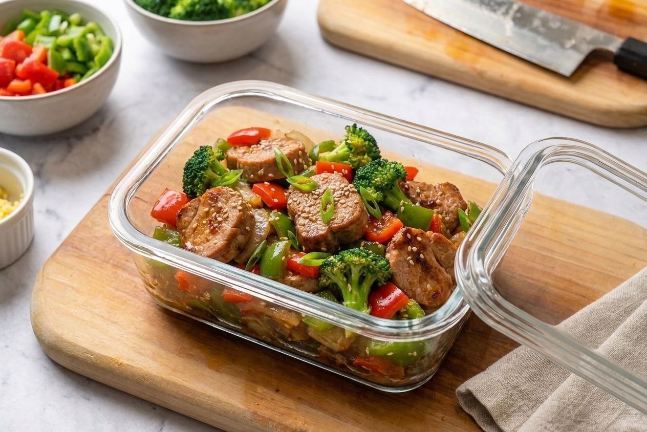 A glass meal prep container filled with pork stir fry and broccoli, lid set beside it on a kitchen counter