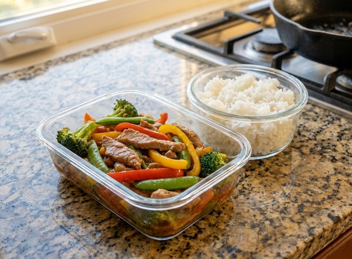 A glass meal prep container filled with pork stir fry and vegetables next to a small container of rice on a clean kitchen counter
