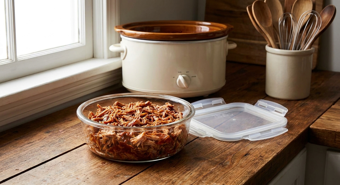 A glass meal prep container filled with pulled pork and a little sauce, sitting on a kitchen counter next to a lid