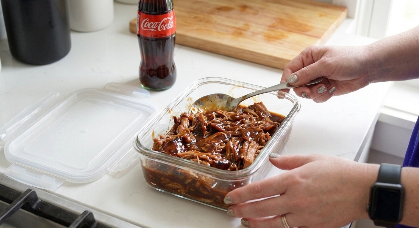 A glass meal prep container filled with pulled pork and barbecue sauce on a counter next to a lid and a spoon