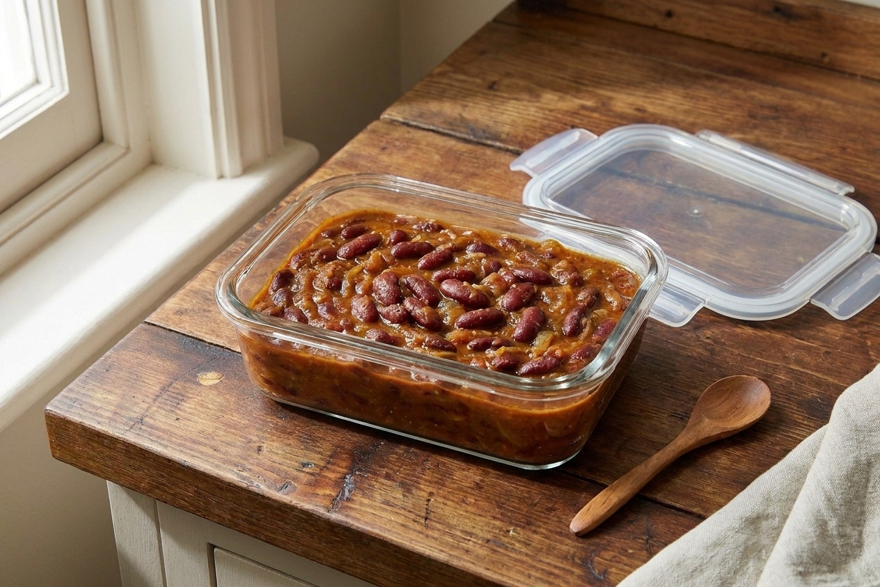 A glass meal-prep container filled with rajma masala cooling on a kitchen counter next to a matching lid, ready to be stored