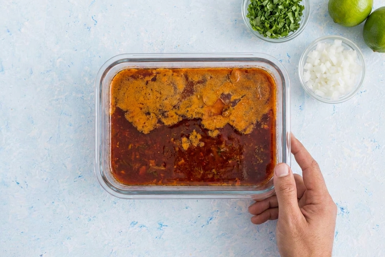A glass meal prep container filled with red birria broth with a layer of solidified fat on top, sitting on a kitchen counter