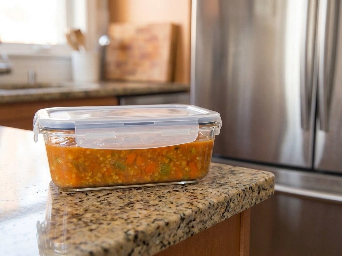 A glass meal prep container filled with red lentil soup with a snapped-on lid sitting on a kitchen counter near a refrigerator