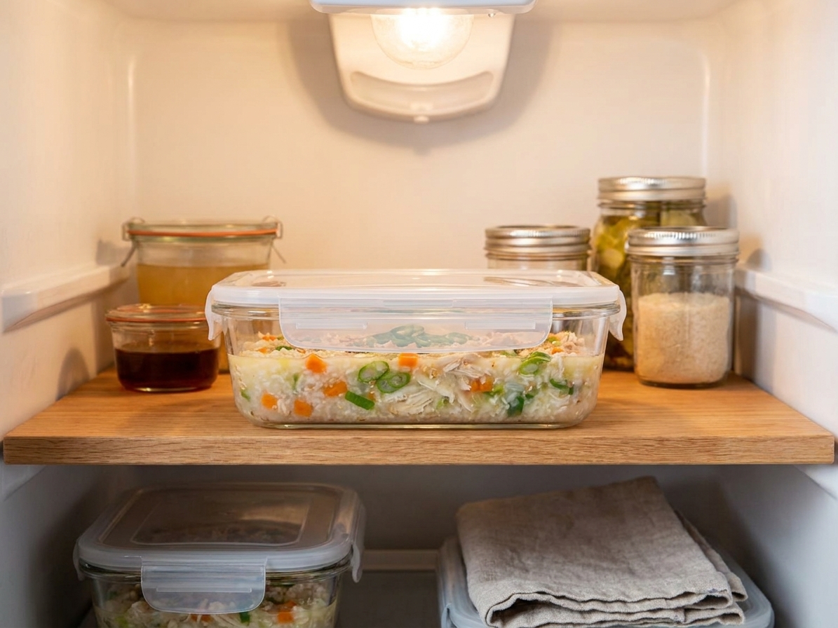 A glass meal prep container filled with rice porridge, covered with a lid, sitting on a refrigerator shelf