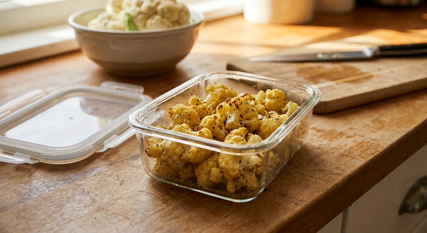 A glass meal prep container filled with roasted cauliflower florets on a kitchen counter with a lid set beside it