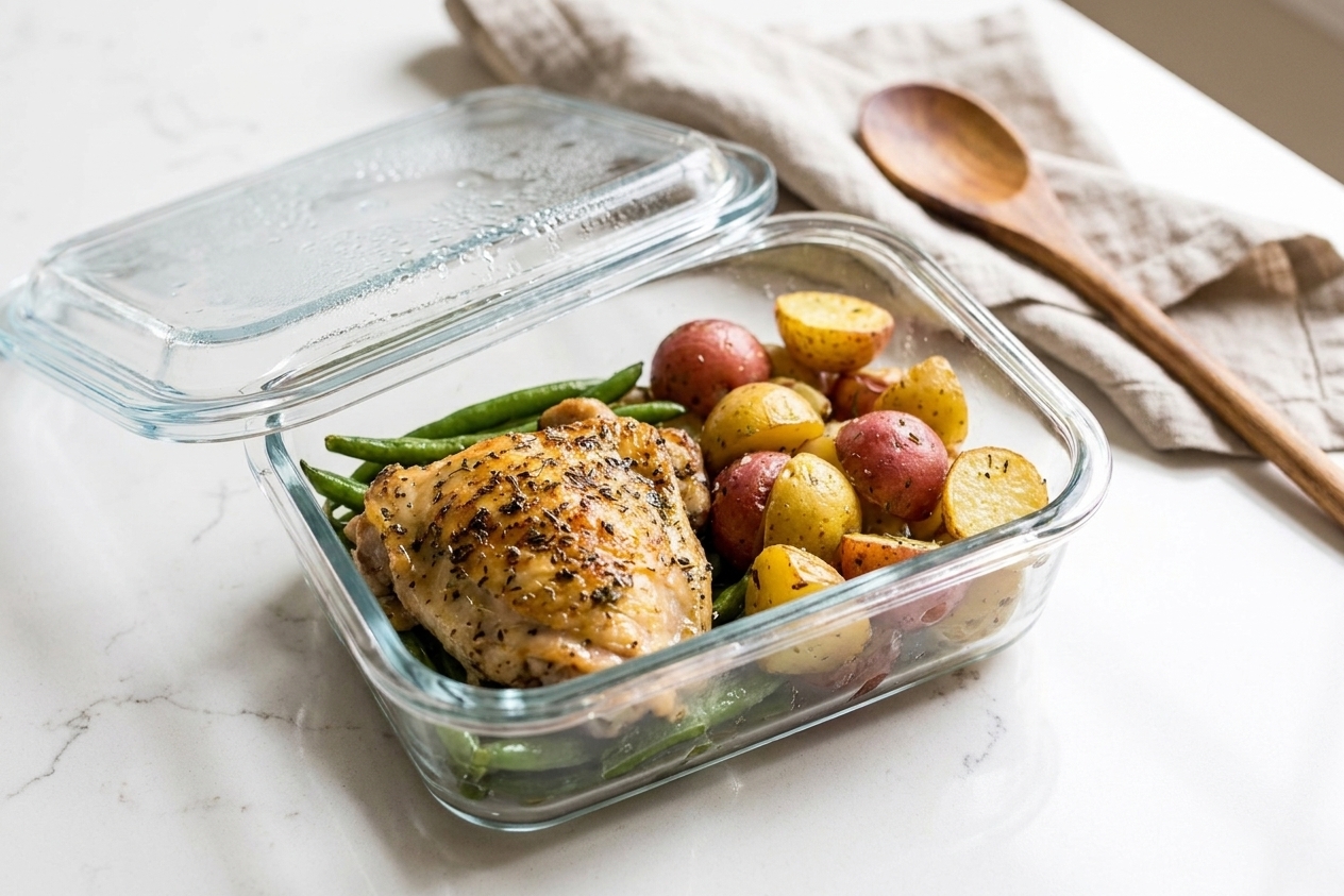 A glass meal prep container filled with roasted chicken thighs and potatoes, covered with a lid on a kitchen counter
