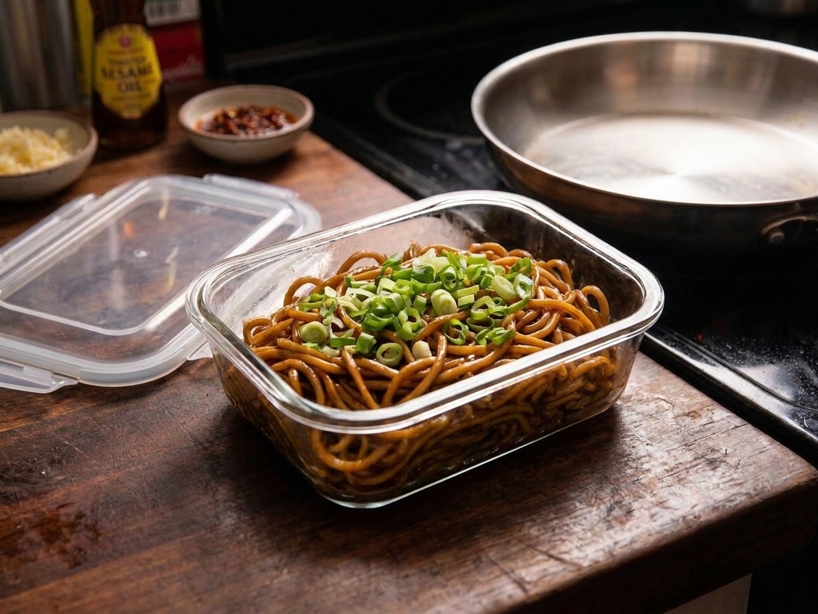 A glass meal prep container filled with saucy Chinese noodles topped with scallions, sitting on a kitchen counter with the lid nearby