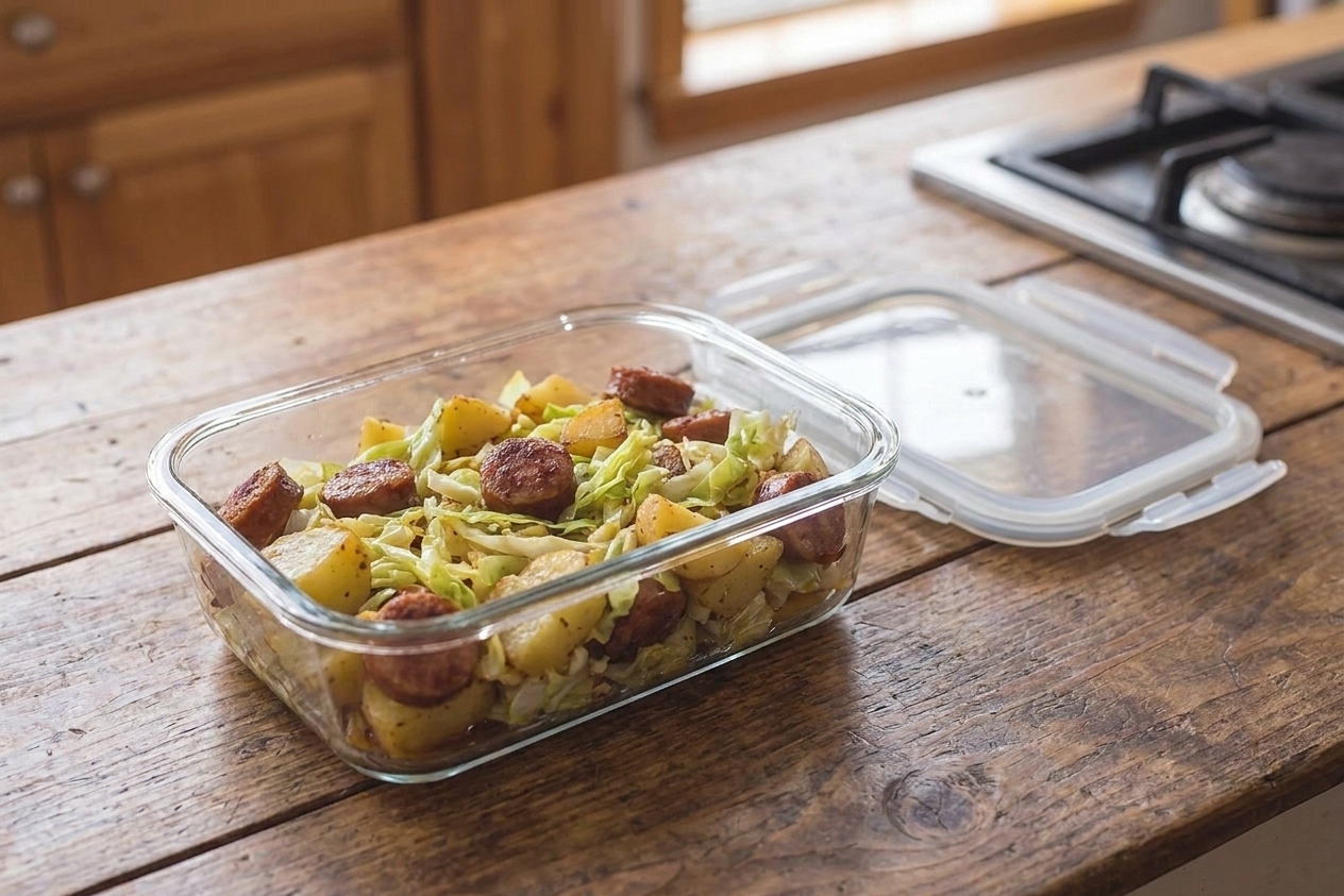 A glass meal prep container filled with sausage and cabbage skillet leftovers next to a lid on a kitchen counter
