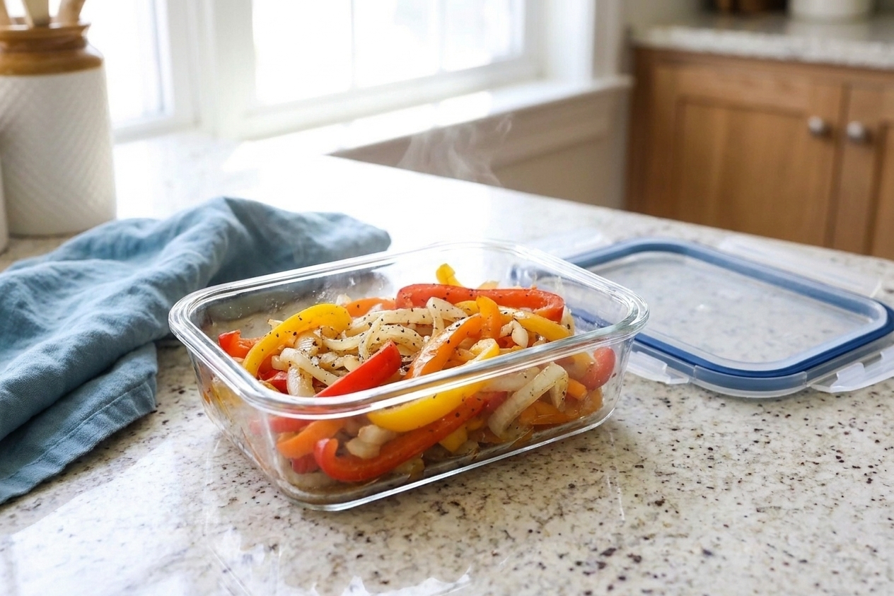 A glass meal prep container filled with sautéed peppers and onions cooling on a kitchen counter next to a fitted lid