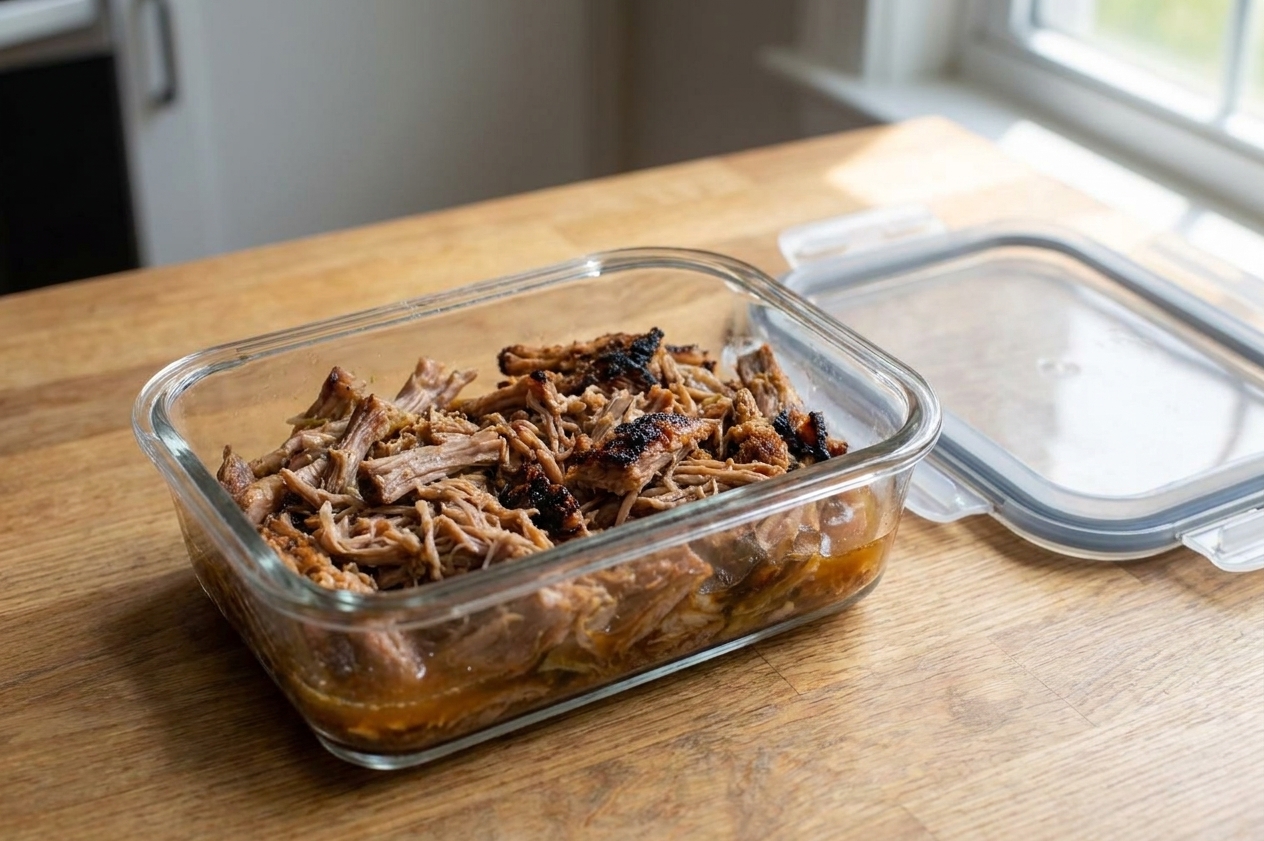 A glass meal prep container filled with shredded Kalua pork and a little cooking liquid, sitting on a kitchen counter next to a lid