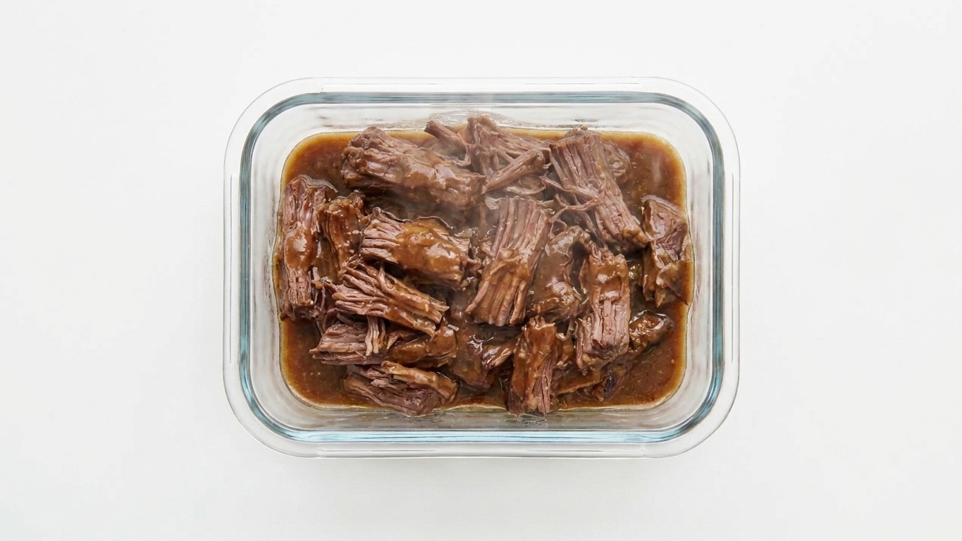 A glass meal prep container filled with shredded beef and gravy, cooling on a kitchen counter