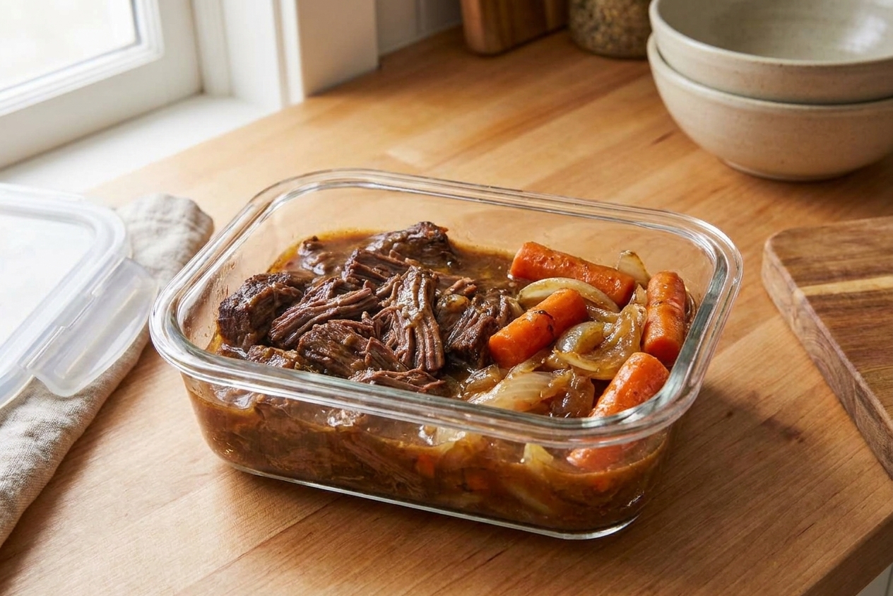 A glass meal prep container filled with shredded chuck roast and gravy, with carrots and onions on the side, sitting on a kitchen counter under warm light