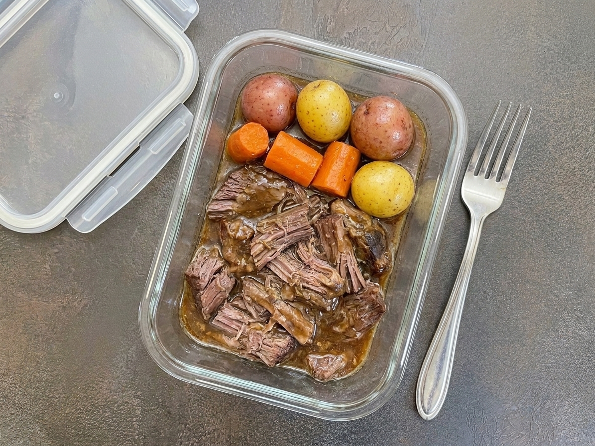 A glass meal prep container filled with shredded pot roast and gravy, with carrots and potatoes beside it on a kitchen counter