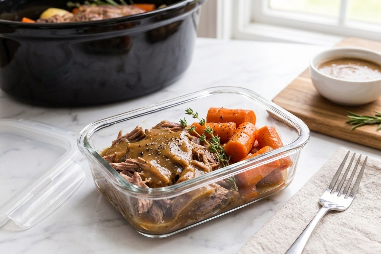 A glass meal prep container filled with shredded pork roast and gravy with carrots on the side, sitting on a kitchen counter