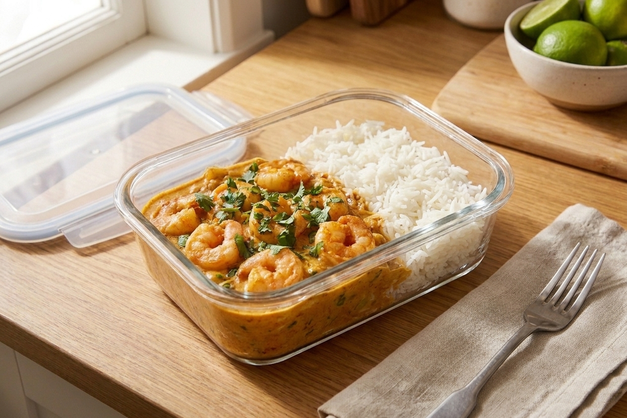 A glass meal prep container filled with shrimp curry and rice, covered with a lid on a kitchen counter