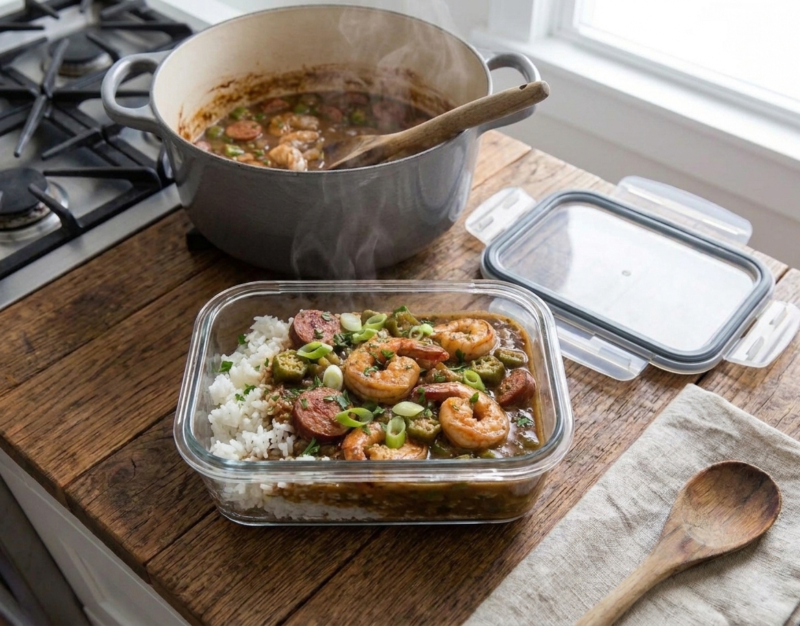 A glass meal prep container filled with shrimp gumbo cooling on a kitchen counter with a lid nearby, ready to store in the refrigerator