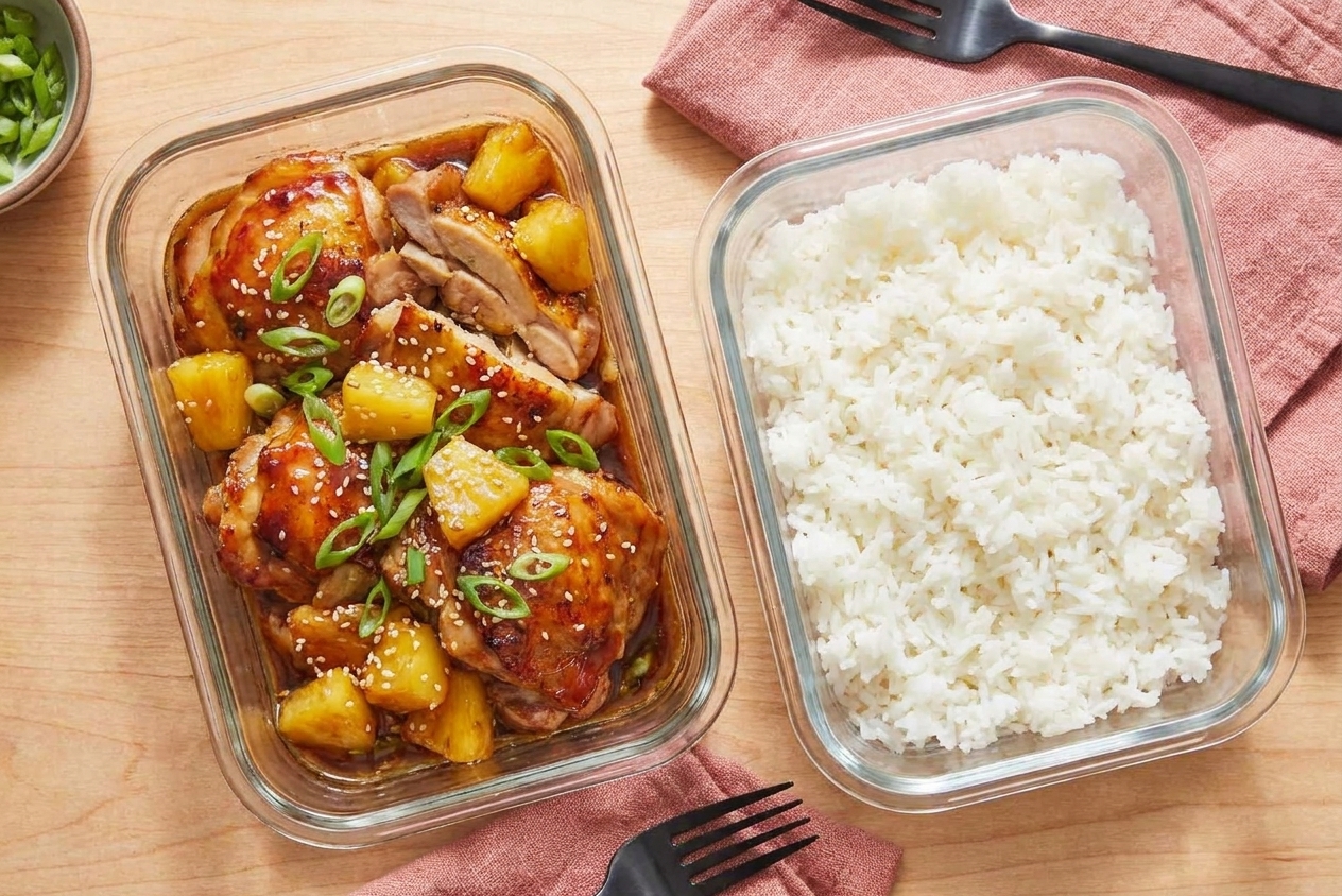 A glass meal prep container filled with sliced Hawaiian chicken and pineapple pieces with sauce, with a second container of white rice on a clean kitchen counter